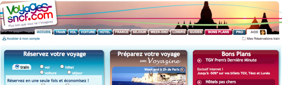 Capture d'écran Homepage site SNCF - 2009